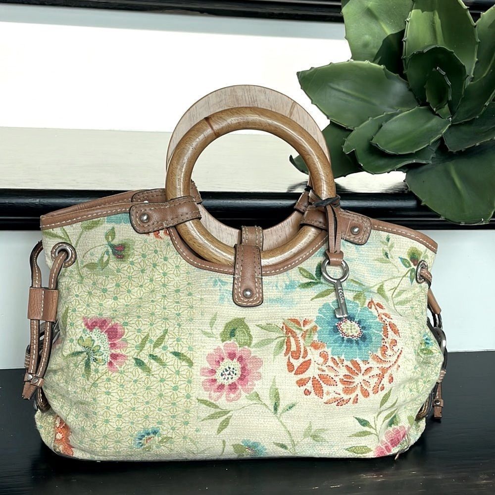 Fossil, genuine, leather canvas, floral  satchel, handbag purse